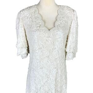 Vintage Laurence Kazar Full Length Pearl Beaded Lacy V Neck Wedding Dress